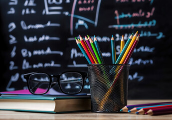 Aufkleber - Colorful pencils in a pot on a table with books and eyeglasses, with blurred chalkboard background, school or education concept