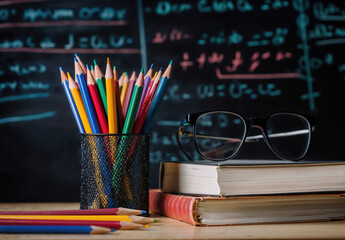 Aufkleber - Back to school concept with colored pencils, books and eyeglasses on wooden table in classroom with copy space