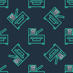 Poster - Line Office multifunction printer copy machine icon isolated seamless pattern on black background. Vector