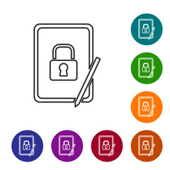 Poster - black line graphic tablet with closed padlock icon isolated on white background. phone with lock. mo