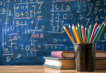 Aufkleber - Education concept with colorful pencils in a cup and books on a table, with a blackboard in the background