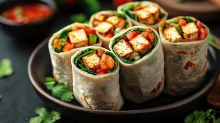 Tofu wraps with fresh vegetables. Delicious and healthy lunch option.