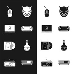 Poster - set portable video game console, laptop, computer mouse, mask of the devil with horns, cd dvd disk i