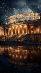 Wall Mural - St. Peter's Basilica at night with reflection in the water