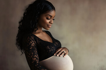 Wall Mural - Dark-skinned pregnant woman embracing her maternity body in studio.