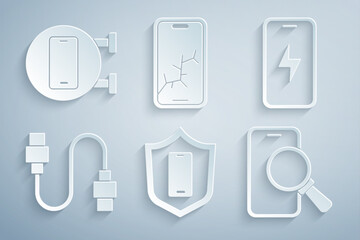 Poster - Set Mobile with shield, charging battery, USB cable cord, Phone repair service, broken screen and icon. Vector
