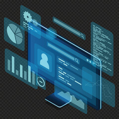 Poster - Computer monitor with blue virtual holographic projections with graphs and charts for data analysis. Analytics data on monitor. Web development concept