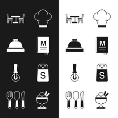 Poster - Set Restaurant cafe menu, Hotel service bell, Wooden table with chair, Chef hat, Pizza knife, Salt, Ice cream in bowl and Fork, spoon and icon. Vector