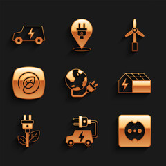 Sticker - Set Global energy power planet, Electric car, Electrical outlet, Solar panel, saving plug in leaf, Location with, Wind turbine and icon. Vector