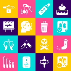 Wall Mural - Set Disease lungs, Inhaler, Lungs x-ray diagnostics, Electronic cigarette, Man smoking, No, and Trash can icon. Vector