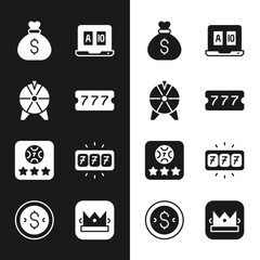 Poster - Set Lottery ticket, Lucky wheel, Money bag, Online poker table game, Slot machine with jackpot, King playing card and Coin money dollar icon. Vector
