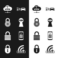 Poster - set keyhole with eye, safe combination lock wheel, vpn network cloud connection, smart car alarm sys