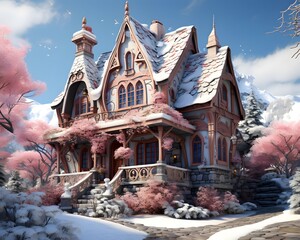 Wall Mural - 3D render of a beautiful house in winter with cherry blossom