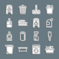 Canvas Print - Set line Plastic basin with soap suds, Adhesive roller, Bottles for cleaning agent, Mop, Brush, Fabric softener, Wet floor and progress and icon. Vector