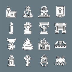 Poster - Set line Pastafarianism, Jewish kippah with star of david, Japan Gate, Man third eye, Jesus Christ, Burning candle, Church building and Christian chalice icon. Vector