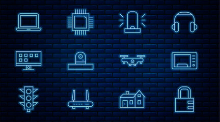 Poster - Set line Safe combination lock, Microwave oven, Flasher siren, Security camera, Smart Tv, Laptop, Drone flying and Processor with microcircuits CPU icon. Vector