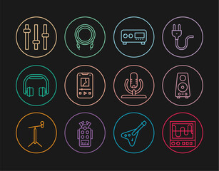 Poster - set line oscilloscope, stereo speaker, guitar amplifier, music player, headphones, equalizer, microp