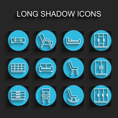 Sticker - Set line Chest of drawers, Chair, Armchair, Wardrobe, Sofa, and icon. Vector