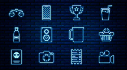 Canvas Print - Set line Movie or Video camera, Shopping basket, Trophy cup, Stereo speaker, Glass bottle milk and cap, Scales of justice, Coffee and Mobile Apps icon. Vector