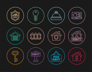 Poster - set line house with dollar symbol, hanging sign rent, hotel service bell, garden fence wooden, garag