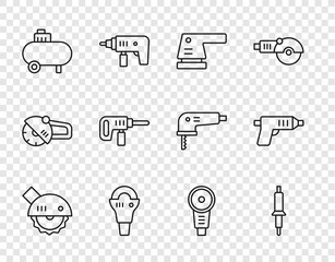 Poster - Set line Electric circular saw, Soldering iron, sander, Angle grinder, Air compressor, drill machine, and cordless screwdriver icon. Vector