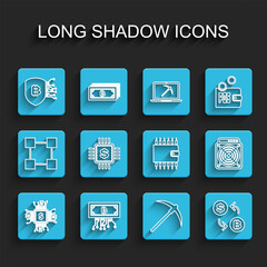 Poster - Set line Processor chip with dollar, Cryptocurrency bitcoin circuit, Shield, Pickaxe, exchange, ASIC Miner and wallet icon. Vector