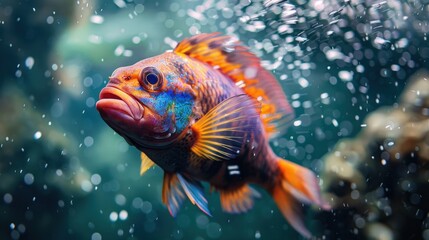 Canvas Print - Underwater view of a colorful fish creating a splash.