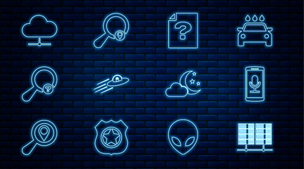 Fototapete - Set line Server, Data, Web Hosting, Mobile recording, Unknown document, UFO flying spaceship and alien, search, Network cloud connection, Cloud with moon stars and Search location icon. Vector