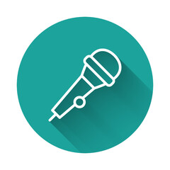 Poster - White line Microphone icon isolated with long shadow background. On air radio mic microphone. Speaker sign. Green circle button. Vector
