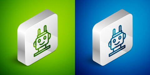 Poster - Isometric line Robot toy icon isolated on green and blue background. Silver square button. Vector
