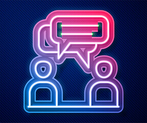 Poster - glowing neon line two sitting men talking icon isolated on blue background. speech bubble chat. mess