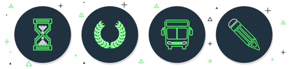 Poster - set line laurel wreath, bus, hourglass pixel and pencil icon. vector