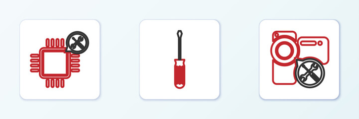 Poster - Set line Video camera service, Processor and Screwdriver icon. Vector