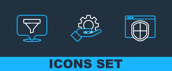 Poster - Set line Browser with shield, Location sales funnel and Hand settings gear icon. Vector