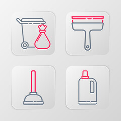 Canvas Print - Set line Fabric softener, Rubber plunger, cleaner for windows and Trash can and garbage bag icon. Vector