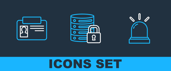 Poster - set line motion sensor, identification badge and server security with lock icon. vector