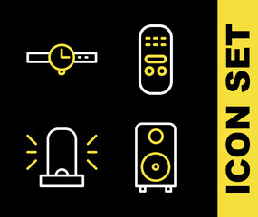 Poster - set line remote control, stereo speaker, flasher siren and wrist watch icon. vector
