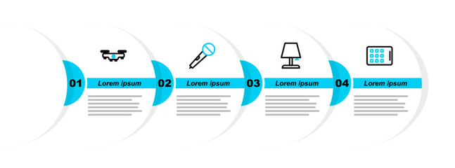 Poster - Set line Graphic tablet, Table lamp, Microphone and Drone flying icon. Vector