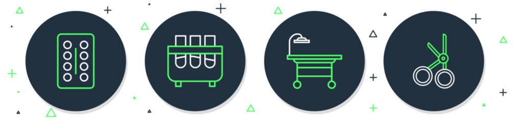 Sticker - Set line Test tube and flask, Operating table, Pills blister pack and Medical scissors icon. Vector