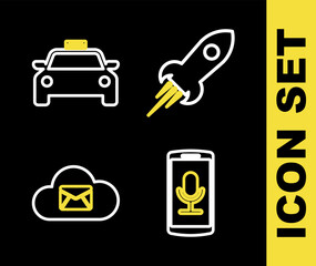 Poster - Set line Rocket ship with fire, Mobile recording, Cloud mail server and Taxi car icon. Vector