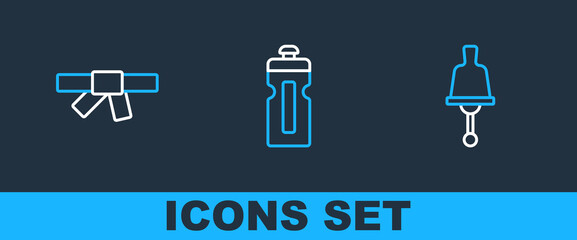 Poster - set line ringing bell, black karate belt and fitness shaker icon. vector