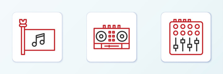 Poster - Set line Sound mixer controller, Music festival flag and DJ remote and mixing music icon. Vector