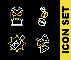 Sticker - Set line Coffee beans, Nachos, Tabasco sauce and Mexican wrestler icon. Vector