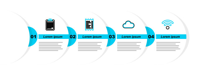 Poster - Set line Wi-Fi wireless network, Cloud, Paper financial check and Clipboard with document icon. Vector