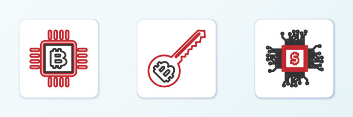Poster - Set line CPU mining farm, and Cryptocurrency key icon. Vector