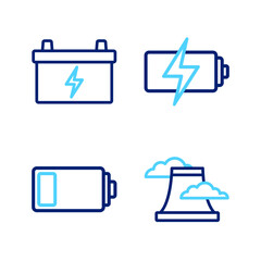Poster - set line nuclear power plant, battery, and car battery icon. vector
