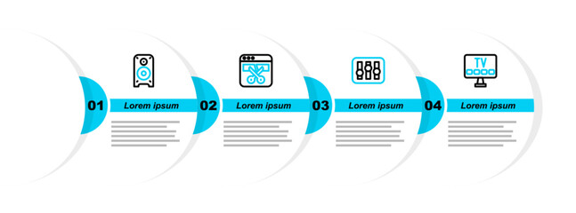 Poster - set line smart tv, sound mixer controller, video recorder or editor and stereo speaker icon. vector