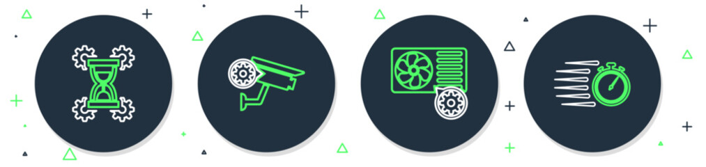 Poster - Set line Security camera setting, Air conditioner, Hourglass and Stopwatch icon. Vector