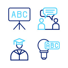 Poster - Set line Creative lamp light idea, Graduate and graduation cap, Two sitting men talking and Chalkboard icon. Vector