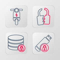 Poster - Set line USB flash drive with lock, Server security, Broken or cracked and Electric scooter icon. Vector